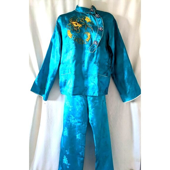 Vintage Traditional Chinese Pajama Set Laungewear Satin Turquoise Embroidery L - Picture 1 of 10